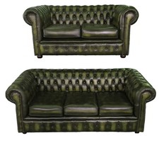 Divano Set Chesterfield 100% Vera Pelle Tre e Due Posti Verde Antico