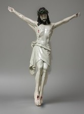🌈  Antico Crocifisso Corpus Christi in legno, Cristo bianco con corona verde