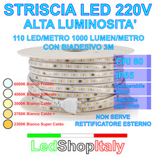 Striscia LED Bianca 220V 12W/m alta luminosità dimmerabile biadesiva taglio 10cm