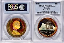 1987 CANADA John Davis dollaro d'argento canadese PCGS PR66DCAM tono arcobaleno