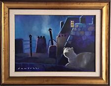 ELIANO FANTUZZI, "PAESAGGIO NOTTURNO CON GATTO", OLIO SU TELA, 48X68,5 CM. 