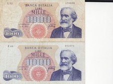 LOTTO 2 BANCONOTE MILLE LIRE L.1000 GIUSEPPE VERDI I° TIPO 10-8-65 E 20-4-66 BB