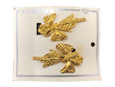 2 FERMAGLI FORCINE CAPELLI FIOCCO ORO PINZE MOLLETTE VINTAGE anni 70-80 CM 7