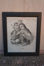 Quadro Santa Teresa con Angelo cuore libro calamo penna teschio stampa antica