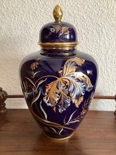 Bellissimo vaso con coperchio vero blu cobalto con fiori bianchi dorati PM Bavaria 35 cm