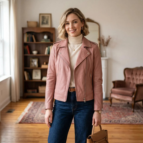 Giacca pelle biker donna blush