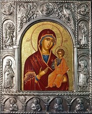 Riproduzione Greca Di Antica Icona Bizantina Con Riza In Lastra D' Argento 950