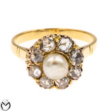 Anello vintage oro giallo 18 Kt 750 con perla 5,5/6 mm diamanti 1,60 ct - 204VE