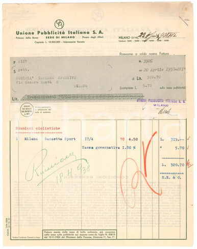 1938 ciclismo milano - ciclismo, unione