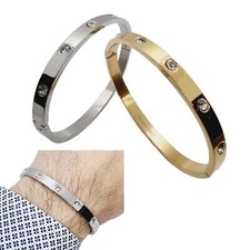 Bracciale rigido unisex da uomo per donna con zirconi bianchi in acciaio inox 