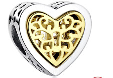 Charm Per Bracciale Cuore con chiave Colore Oro e Argento in Sterling Silver 925