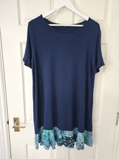 Abito Desigual Jersey Contrasto Orlo Increspato Taglia XXL Maniche Corte Navy Elasticizzato 