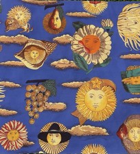 Tessuto vintage canvas cotone Lunario del Sole azzurro Fornasetti