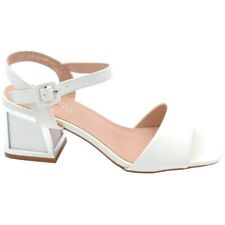 Sandalo donna bianco satinato unica fascia larga tacco gioiello largo 4 cm comod