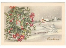 Non Viaggiata cartolina Buon Anno vintage paesaggio montagna decorazione vischio