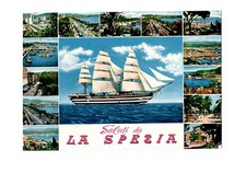 La Spezia: Panorama + Saluti: lotto 2 cartoline vg 1963-1977 (barca a vela)