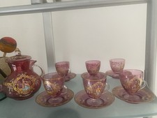 Set Da Te The Tè Thè Vetro Rosa Decorato Decorazioni Oro Tazzine Tazzina Teiera