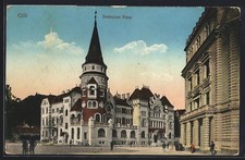 Cartolina Cilli, Hotel Casa Tedesca con parte di strada 