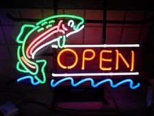 Open Jumping Fish Neon Sign Bar Lamp Light Party Gift Man Cave Decor 19"x15" 