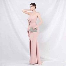 Vestito Abito Elegante Lungo Strass Strascico Sera Sirena Rosa Cipria 08776