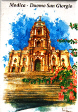 MAGNETE CALAMITA SICILIA. MODICA DUOMO SAN GIORGIO. ACQUERELLO. BAROCCO PANORAMA