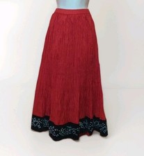 Gonna lunga Zashi stropicciata misto seta rosso passione zingaro boho velluto paillettes bordo M