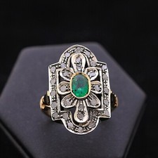 ANELLO VINTAGE FLOWER ORO SMERALDO 0.28 CT DIAMANTI 0.30 CT NATURALI CERTIFICATO