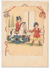 1955 cartolina d'epoca bambini vestiti cavallerizzi cavallo a dondolo giocattolo