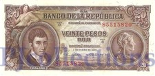 COLOMBIA 20 PESOS ORO 1965 PICK 401c AU W/PINHOLES