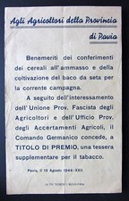 Propaganda RSI 1944 Prov. Pavia COMANDO GERMANICO agricoltori tessera tabacco