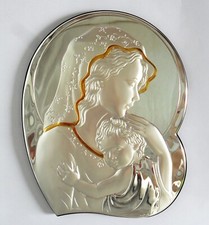 ICONA SACRA MADONNA CON GESù BAMBINO MATERNITà QUADRO ARGENTO cm29x24 E LEGNO