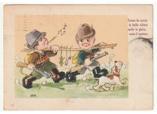 1942 cartolina umoristica cacciatori fucili cane caccia lucertola topo ape versi