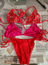 lotto 2079 costume mare piscina donna bikini 3 pezzi bicolore rosso tg.40