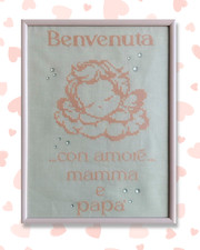 Quadretto nascita ricamato a punto croce