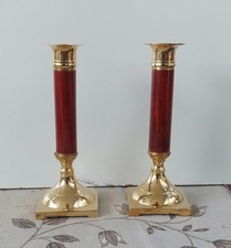 Coppia, 2 Candelieri, Candelabri, Ottone e Legno, Anni 70 H. Cm 16