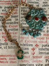 RARO CIONDOLO VINTAGE croce di Gerusalemme ORO 8k su pietra malachite: con bronzo!