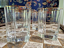 Double Old-Fashioned gold rim glasses hexagon base 12oz 4" tall vintage set of 4