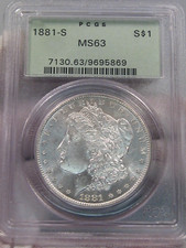 Splendido Bianco Bu 1881-s Argento Morgan Dollaro PCGS MS63 Ogh Vecchio Verde