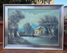 DIPINTO OLIO SU TELA VINTAGE - PAESAGGIO DI MONTAGNA E FIGURE - FIRMA - 70 X 50