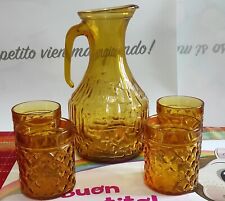 Brocca vintage in vetro ambrato. Cm 23 & 6 bicchieri. Anni 70. Made In Italy. 