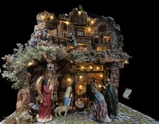 Presepe artigianale  con Personaggi h 15cm-Luci Led-Mulino  Acqua 55x45xh58cm