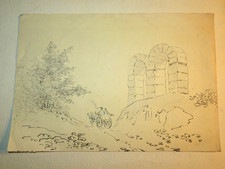 SCUOLA FRANCESE XIX DISEGNO INCHIOSTRO MATITA PAESAGGIO SENTIERO ROVINE ATTAC...