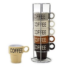 Set 6 Tazzine da Caffè in Ceramica 9cl Con Supporto stand Tazze Impilabili