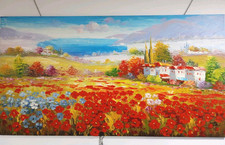 QUADRO MODERNO DIPINTO A MANO OLIO SU TELA IMMAGINE PAESAGGIO CAMPO DI PAPAVERI