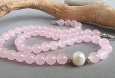 ??? COLLANA DONNA PIETRE DURE QUARZO ROSA + ORECCHINI E VERA  PERLA  BAROCCA 