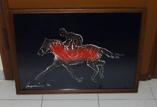Quadro SAGE VERNIS Gino Falzon CAVALLO CON FANTINO 1974 tecnica mista 70x50 cm