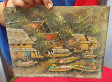 Antico Natura Scenery Mano Dipinto Su Sacro Fico پیپل Albero Foglie Raro PR62