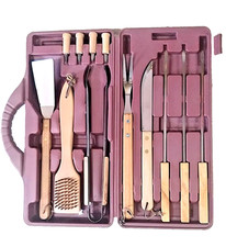 SET 12 PEZZI COMPLETO ACCESSORI PER BARBECUE IN ACCIAIO INOX CON VALIGETTA