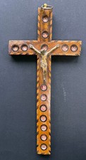 Antico reliquiario crocifisso in legno intarsiato e bronzo. XIX secolo