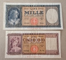MILLE 1000 E CINQUECENTO 500 LIRE ORNATA DI PERLE E SPIGHE BUSTO DELL'ITALIA